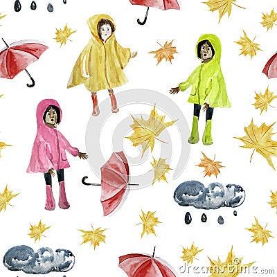 Children outdoors with red umbrella and yellow leaves watercolor seamless pattern Cartoon Illustration