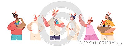 Children with Painted Eggs, Easter Game, Fun Amusement Concept. Girls and Boys Wear Rabbit Ears and Costumes Playing Vector Illustration
