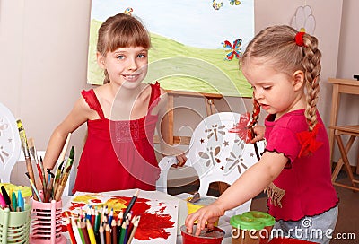 Children painting in art class. Stock Photo