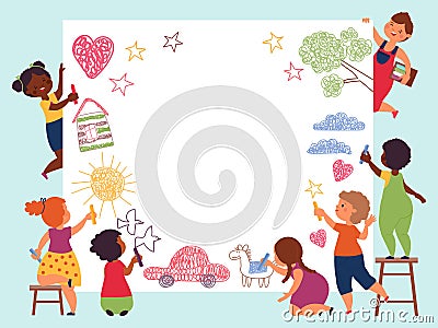 Children painting banner. Kid hand drawing, creative girl and boy draw together. Art school, kindergarten or preschool Vector Illustration