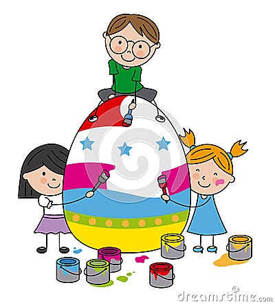 Children painting a big easter egg Vector Illustration