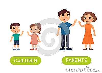 Children and parents antonyms word card vector template. Vector Illustration