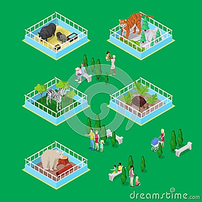 Children with Parents in Outdoor Zoo Park with Animals. Isometric flat 3d illustration Vector Illustration