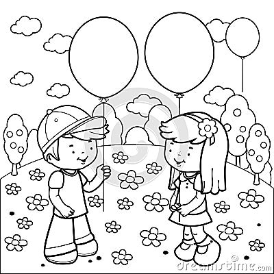 Children at the park playing with balloons. Vector black and white coloring page. Vector Illustration