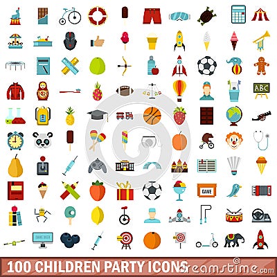 100 children party icons set, flat style Vector Illustration