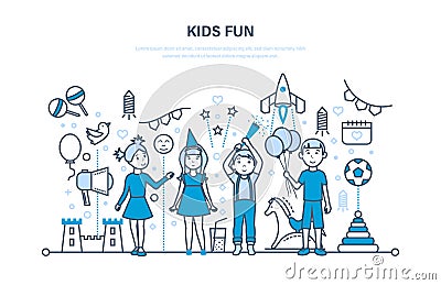 Children party indoor. Happy kids, play, have fun. Solemn celebration. Vector Illustration