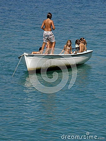 Children party on sail boat Stock Photo