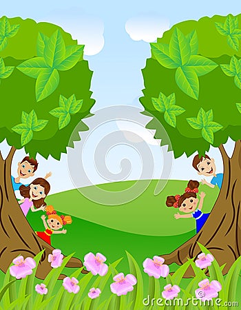 Children peek out from trees Vector Illustration