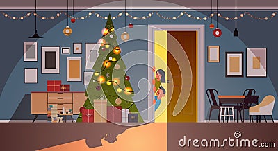 Children peeking out from behind door living room with decorated fir tree new year christmas holidays celebration Vector Illustration