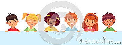 Children peeking out from wall, diverse cheerful kids laughing and smiling. Funny teenager characters Vector Illustration