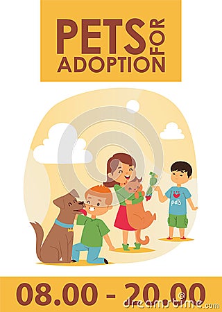 Children with pets adopt friendship poster illustration. Love child dog and cat adoption. Cartoon Illustration