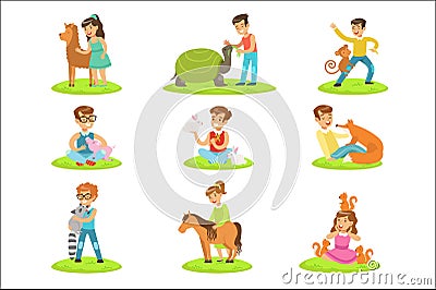 Children Petting The Small Animals In Petting Zoo Collection Of Cartoon Illustrations With Kids Having Fun Vector Illustration