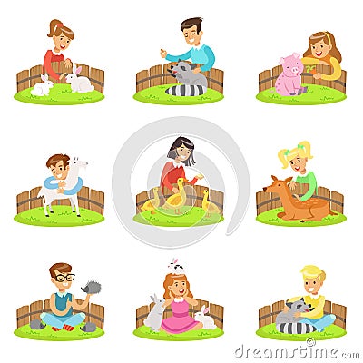 Children Petting The Small Animals In Petting Zoo Set Of Cartoon Illustrations With Kids Having Fun Vector Illustration