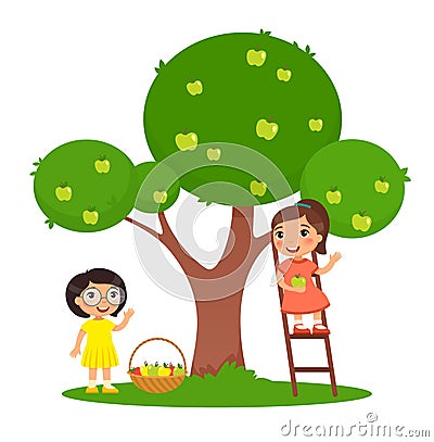 Children picking apples color flat vector illustration. Vector Illustration