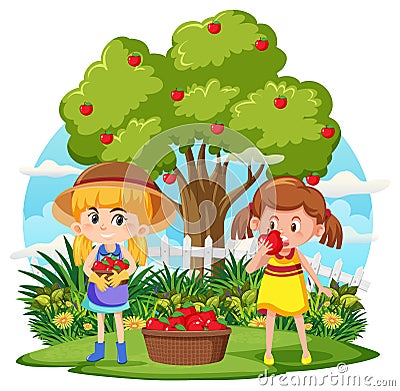 Children picking fruit outdoor scene isolated Vector Illustration