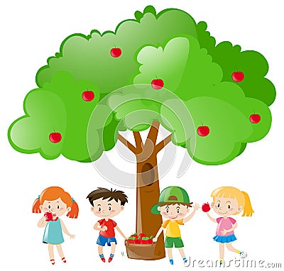 Children picking out apples on the tree Vector Illustration