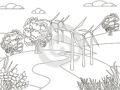 Children picture, art. Wind generator standing in a park, field. In minimalist style. Cartoon flat raster coloring Stock Photo