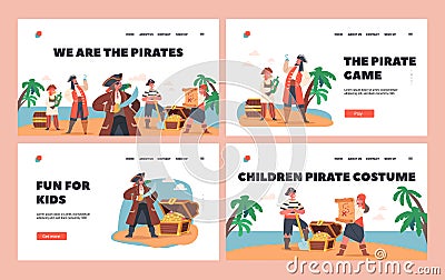 Children Pirates Landing Page Template Set. Kids Character Wear Picaroon Costumes with Treasure Chest, Map or Bottle Vector Illustration