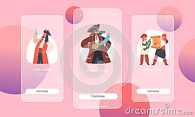 Children Pirates Mobile App Page Onboard Screen Template. Funny Kids Characters In Traditional Costumes, Captain Vector Illustration