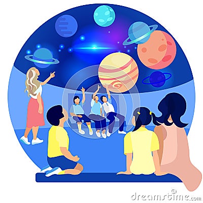 Children in Planetarium Study Planets. Vector. Vector Illustration