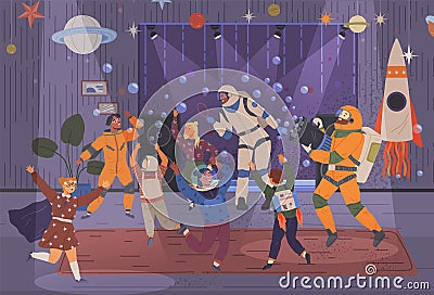 Children play with animators at birthday in cosmic style. People in costumes have fun at space party Vector Illustration