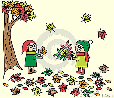 Children play with autumn leaves. Vector. Vector Illustration