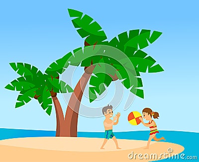 Children play ball on the beach, palm trees on uninhabited island. Travelling to hot countries Vector Illustration