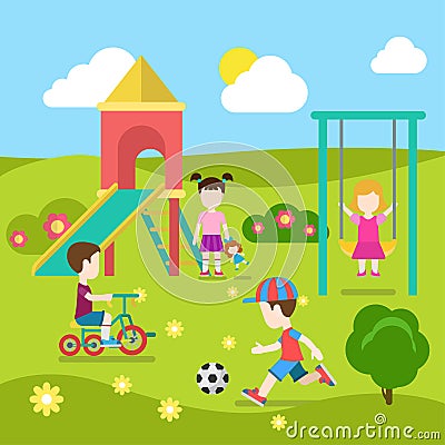 Children play at playground in childhood vector flat collection Vector Illustration