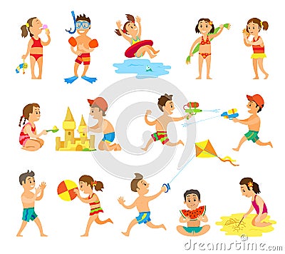 Children Play in Sand and Have Fun on Beach Set Vector Illustration