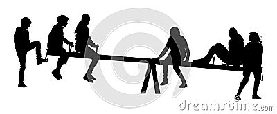 Children play on a seesaw. Girls and boys teenager swinging, silhouette. Cartoon Illustration