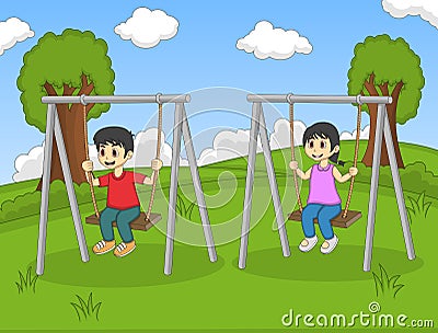 Children play swing in the park cartoon Vector Illustration