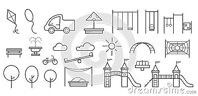 Children playground entertainment set with swings, sandbox and bench in park. Kids area icons. Outline vector Vector Illustration