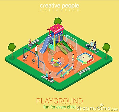 Children playground flat 3d isometric sandpit swing slide Stock Photo