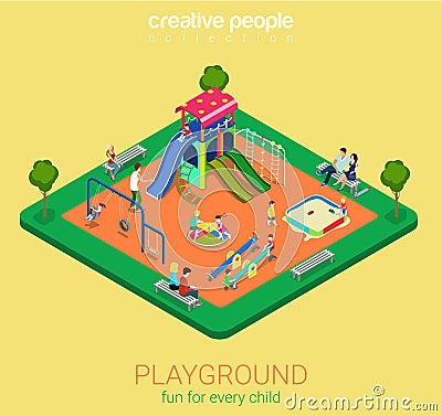 Children playground flat vector 3d isometric sandpit swing slide Vector Illustration
