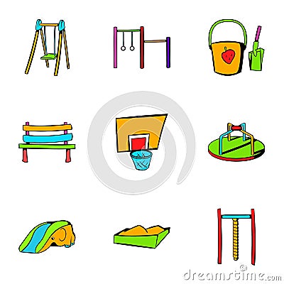 Children playground icons set, cartoon style Vector Illustration