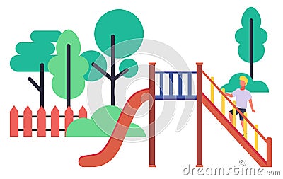 Children playground illustration. Child climbs to the slide. Summer leisure, vacation, holidays Vector Illustration