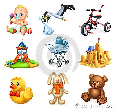 Children playground. Kids and toys. Vector icons set Vector Illustration