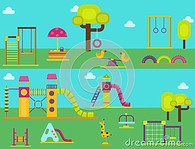 Children playground kindergarten amusement childhood play park activity place recreation swing equipment toy vector Vector Illustration