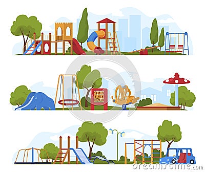 Children playground at summer park set vector illustration. Bright game area for kids recreation Cartoon Illustration