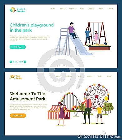 Children Playground, Welcome to Amusement Park Vector Illustration