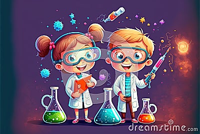 Children playing as scientist illustration generative ai Cartoon Illustration