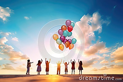 Children Playing Balloons Happiness Friendship Togetherness Concept. Stock Photo