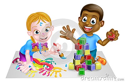 Children Playing with Blocks and Painting Vector Illustration