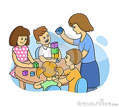 Children playing building blocks with teacher in the classroom. Development lessons in kindergarten or education club Vector Illustration