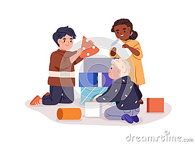 Children playing, building castle from toy blocks together. Kindergarten girl and boys friends. Happy little kids during Vector Illustration