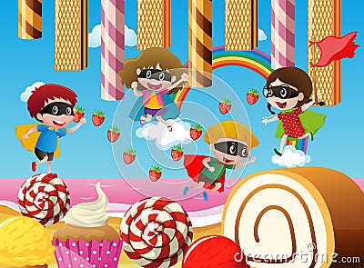 Children playing in candy land Vector Illustration