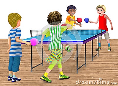 4 children playing a double table tennis match Stock Photo