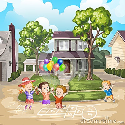 Children playing on the driveway Vector Illustration