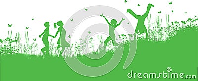 Children playing in grass and flowers Vector Illustration