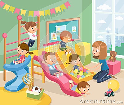 Children playing having fun, fooling around in fine good mood, on playroom, playground. Vector Illustration